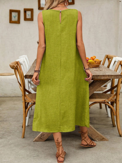 Damen Sommer Freizeitkleid ärmellos mit Taschen – Lockeres Midi Kleid für Alltag und Urlaub