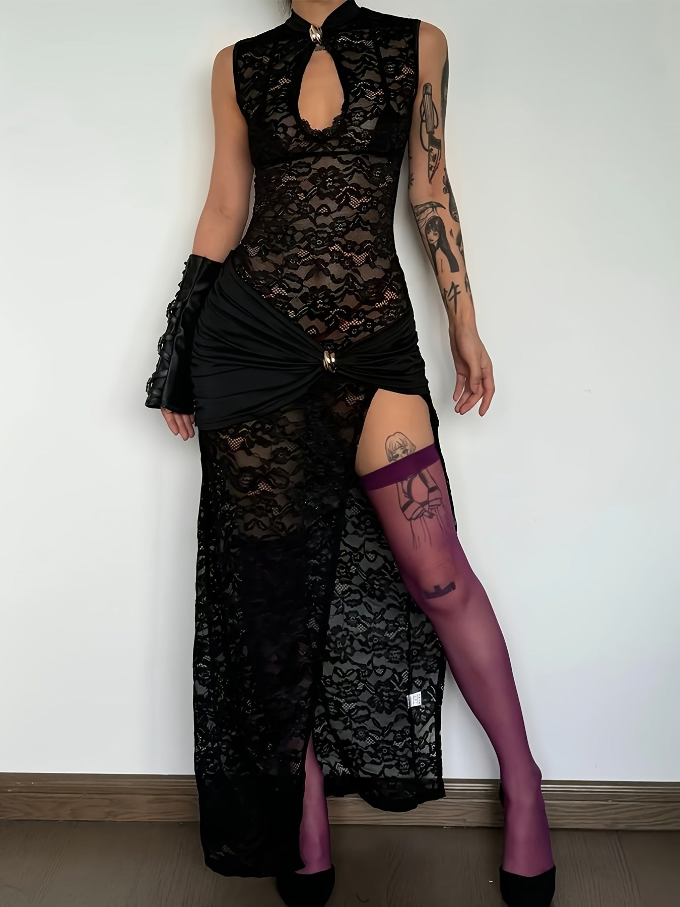 Damen Spitzen-Maxikleid mit Cut-Out und hohem Beinschlitz – Elegantes Abendkleid für besondere Anlässe