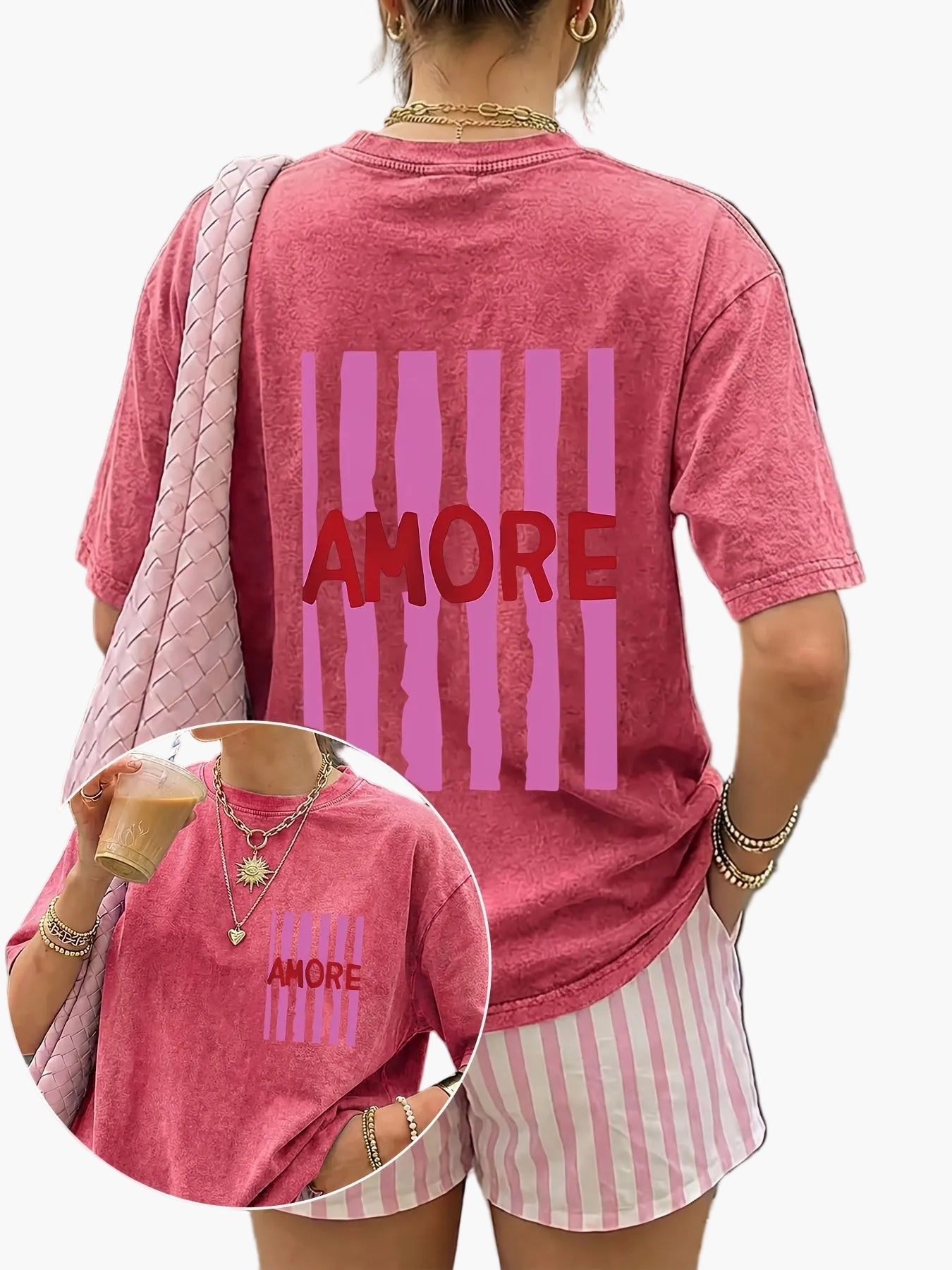 Damen Oversize T-Shirt mit AMORE Print und Streifen – Trendiges Casual Streetwear für den Sommer