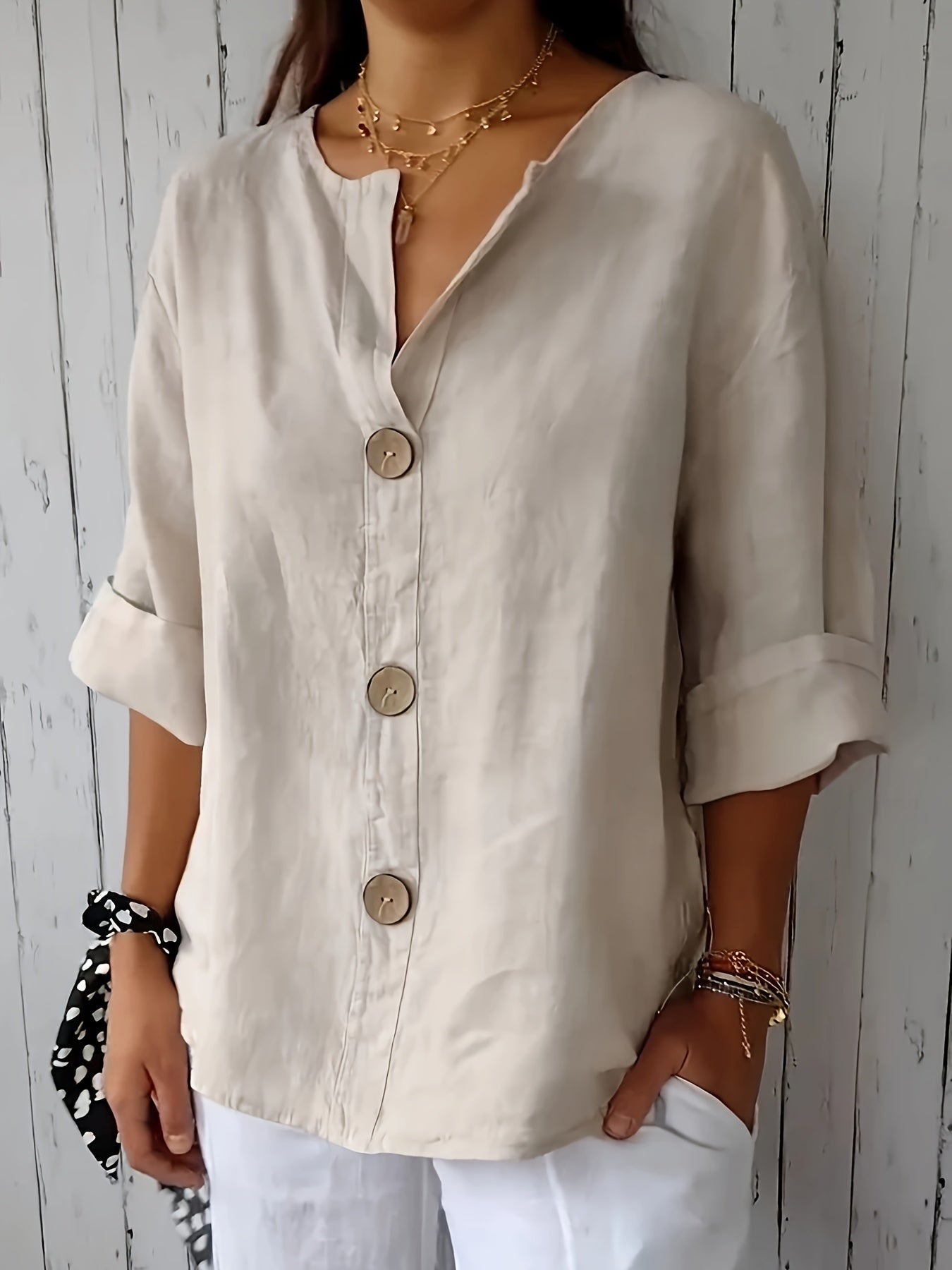 Damen Leinenbluse mit Knopfleiste und 3/4 Ärmeln – Eleganter Freizeit-Look für Alltag und Büro