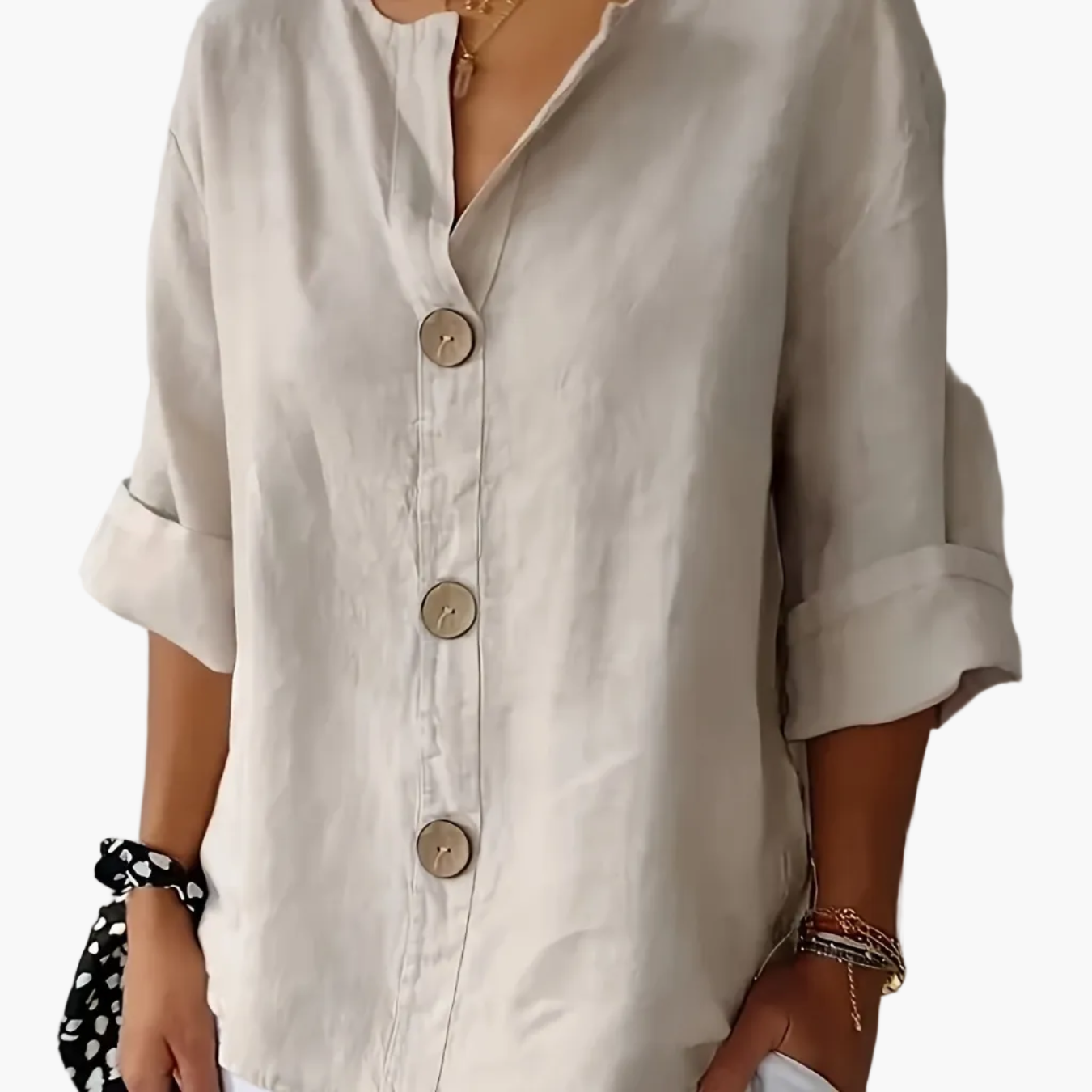 Damen Leinenbluse mit Knopfleiste und 3/4 Ärmeln – Eleganter Freizeit-Look für Alltag und Büro