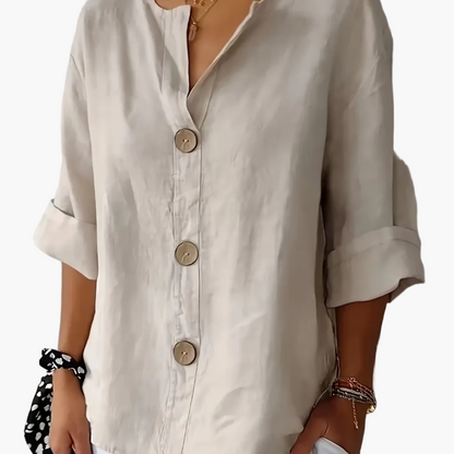 Damen Leinenbluse mit Knopfleiste und 3/4 Ärmeln – Eleganter Freizeit-Look für Alltag und Büro