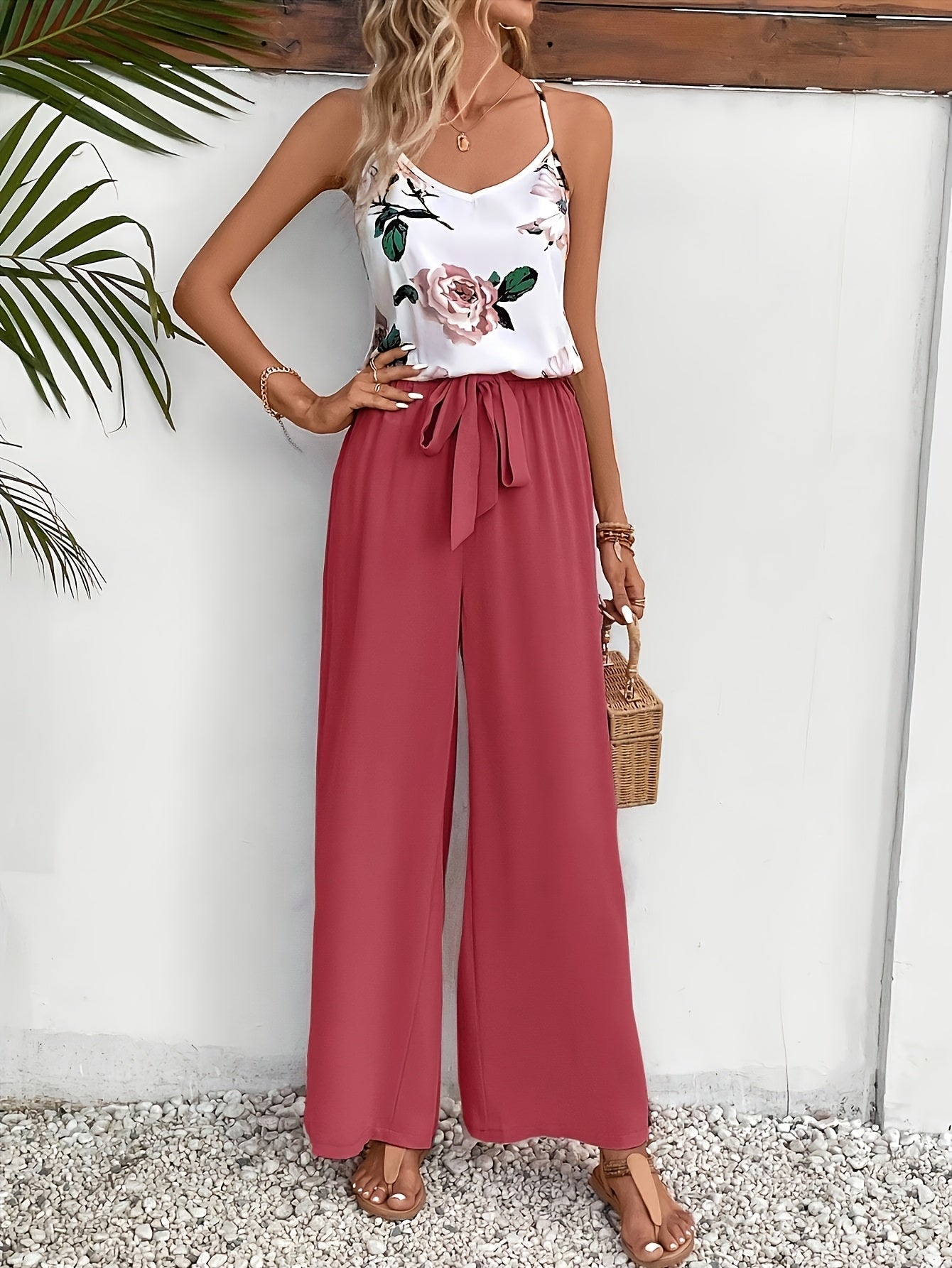 Damen Eleganter Jumpsuit mit Blumendruck und Weitem Bein – Perfekt für Freizeit und Sommer