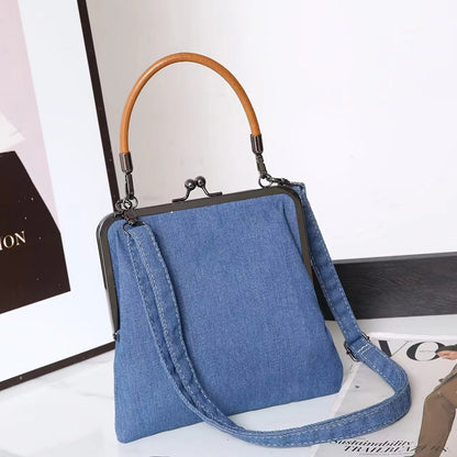 Damen Vintage-Jeanshandtasche mit Holzgriff und Kussverschluss – Modische Umhängetasche für Alltag und Freizeit