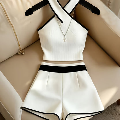 Damen Zweiteiler Set – Modernes, elegantes Top mit Wickelkragen und High-Waist Shorts, modischer Freizeit-Look