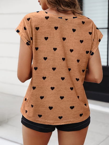 Damen Elegantes Herzmuster T-Shirt für Alltag und Freizeit