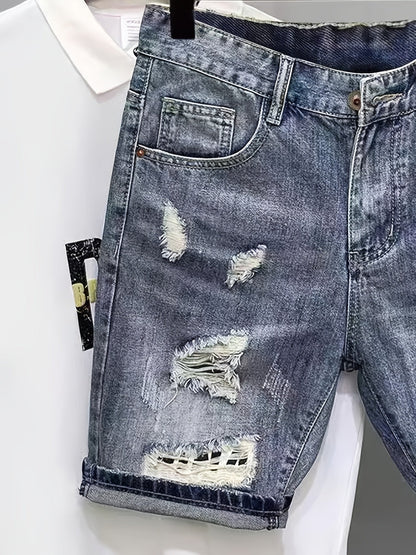Herren Denim Shorts im Distressed Street Style mit grafischen Details – Lässige Freizeitshorts