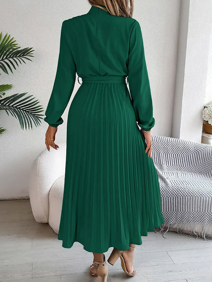 Damen Plisseekleid mit langen Ärmeln und Bindegürtel – Elegantes Midikleid für festliche Anlässe