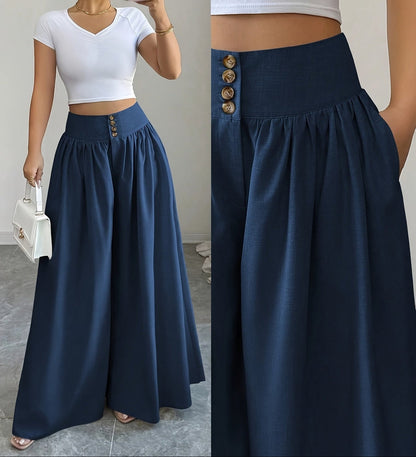 Damen Weite Palazzo-Hose mit High Waist und Knopfdetails – Elegante Freizeit- und Ausgeh-Hose