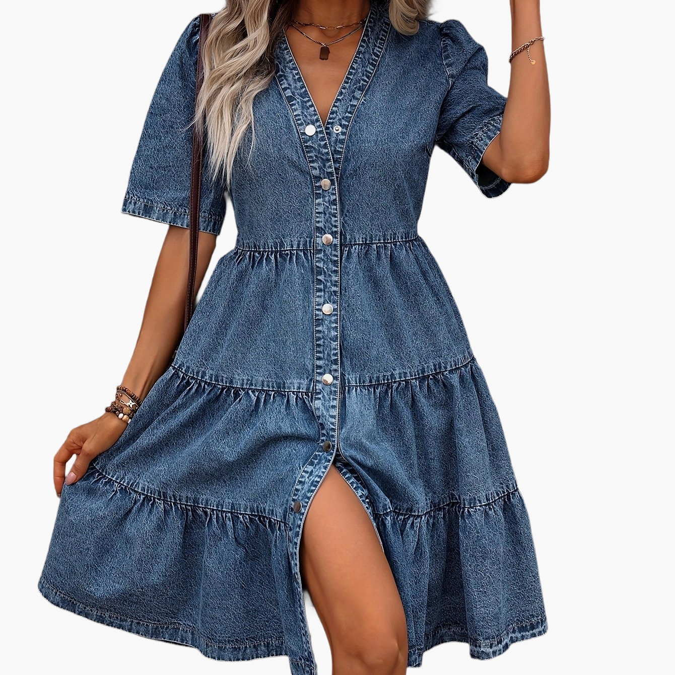 Damen Jeanskleid mit Knopfleiste und V-Ausschnitt – Eleganter Sommer Freizeit-Look