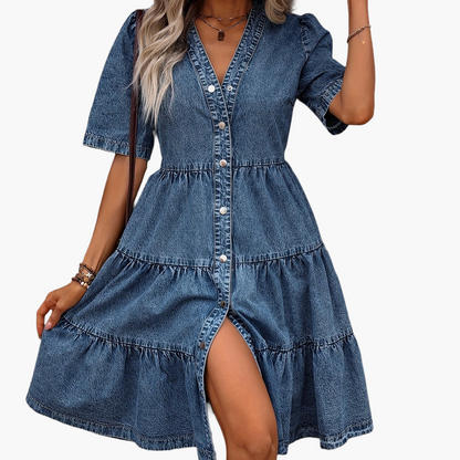 Damen Jeanskleid mit Knopfleiste und V-Ausschnitt – Eleganter Sommer Freizeit-Look