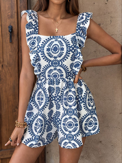 Damen Sommer-Jumpsuit im Boho-Stil mit Tribal-Muster und Rüschenärmeln – Eleganter Einteiler für Freizeit und Urlaub
