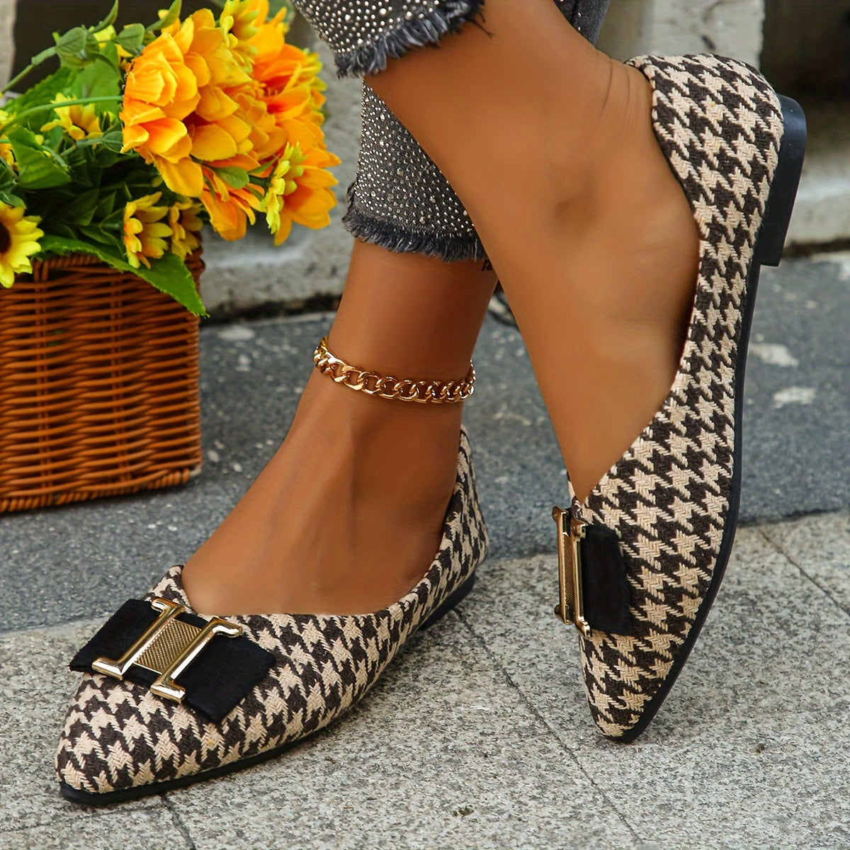 Damen Ballerinas mit Hahnentritt-Muster und Schleifendetail – Elegante Flats für Alltag und Büro