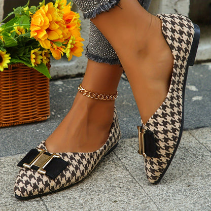 Damen Ballerinas mit Hahnentritt-Muster und Schleifendetail – Elegante Flats für Alltag und Büro
