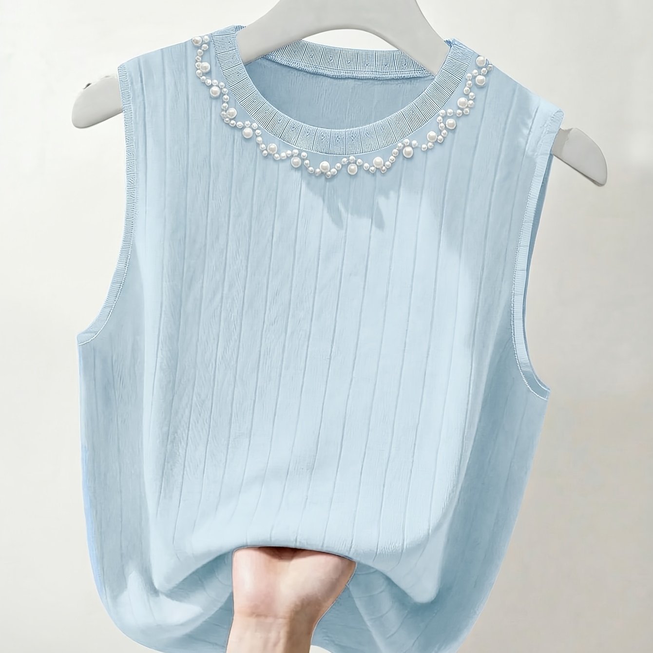 Damen Elegantes Stricktop mit Perlenbesatz, Ärmellos, Perfekt für Alltag und Büro