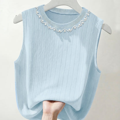 Damen Elegantes Stricktop mit Perlenbesatz, Ärmellos, Perfekt für Alltag und Büro