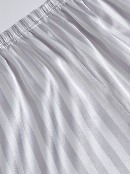 Damen Satin Pyjama Set mit Streifen, Kurzarm, Klassischer Schlafanzug für Frühling und Sommer