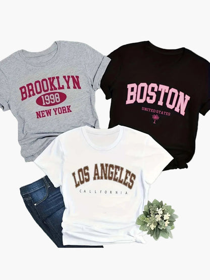 Damen T-Shirt Set im College-Stil mit Städtenamen – Vintage Freizeitlook