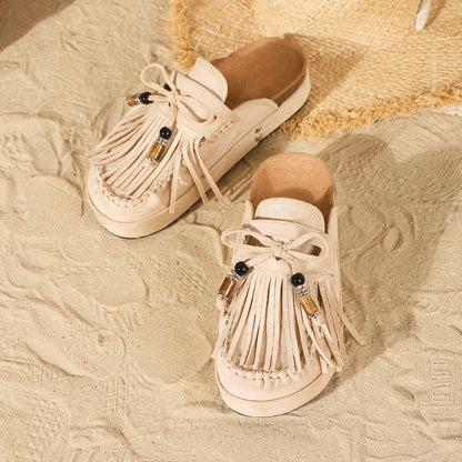 Damen Mokassin Hausschuhe mit Fransen und Perlen – Bequeme Vintage Slipper für Alltag und Freizeit