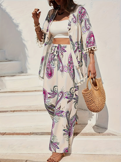 Damen Boho Zweiteiler Set mit Kimono und Weitbein-Hose – Eleganter Paisley Look für Urlaub & Alltag