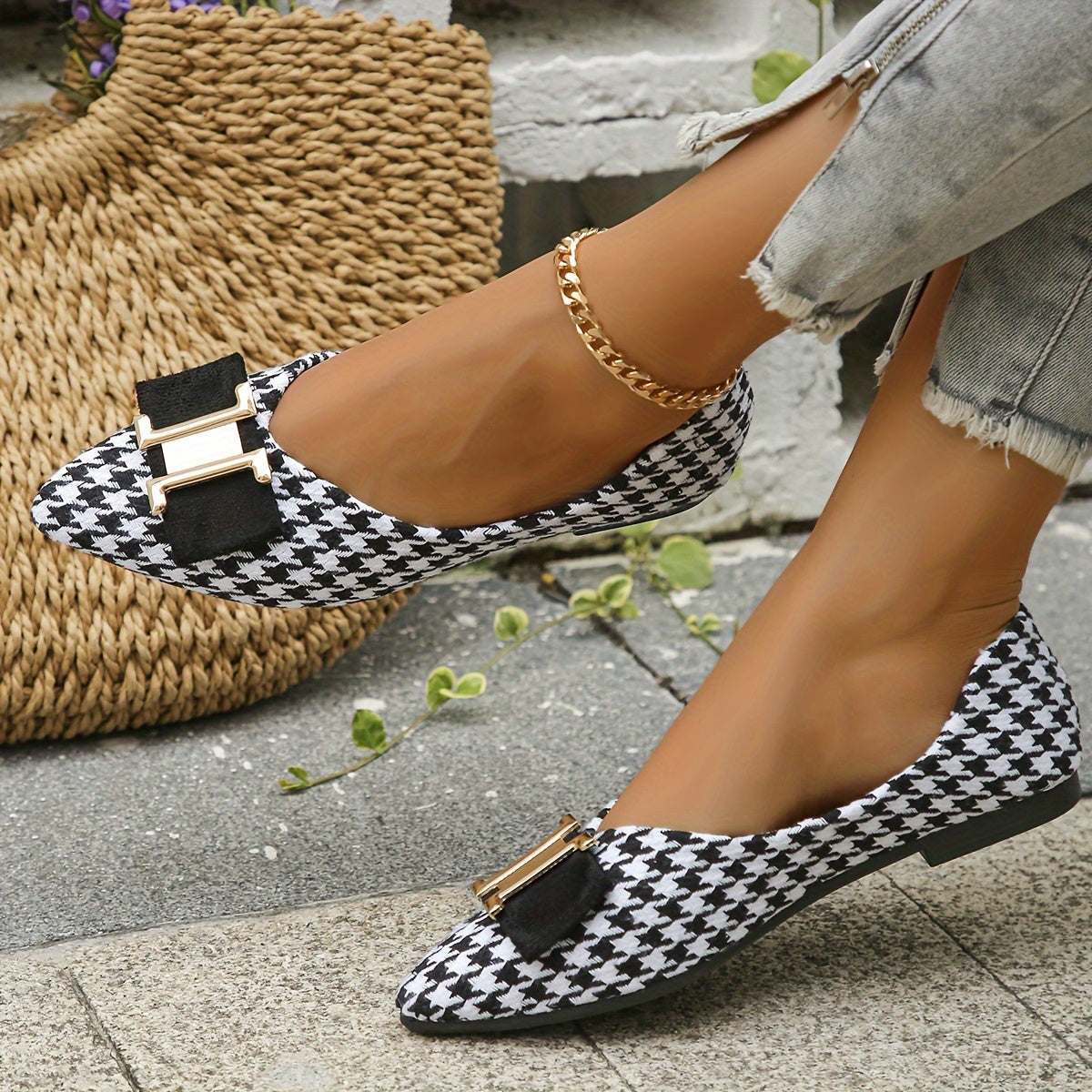 Damen Ballerinas mit Hahnentritt-Muster und Schleifendetail – Elegante Flats für Alltag und Büro