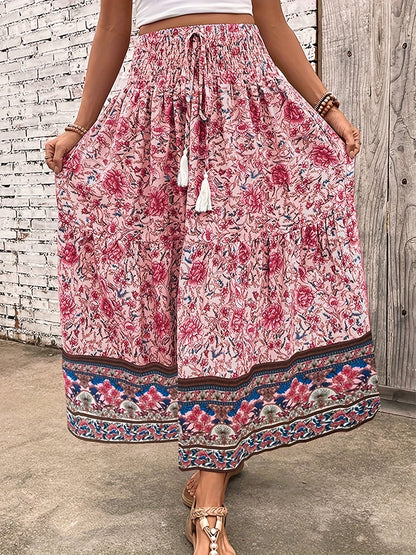 Damen Boho Maxirock mit Blumenmuster und Kordelzug – Sommer Freizeitrock für Strand und Alltag