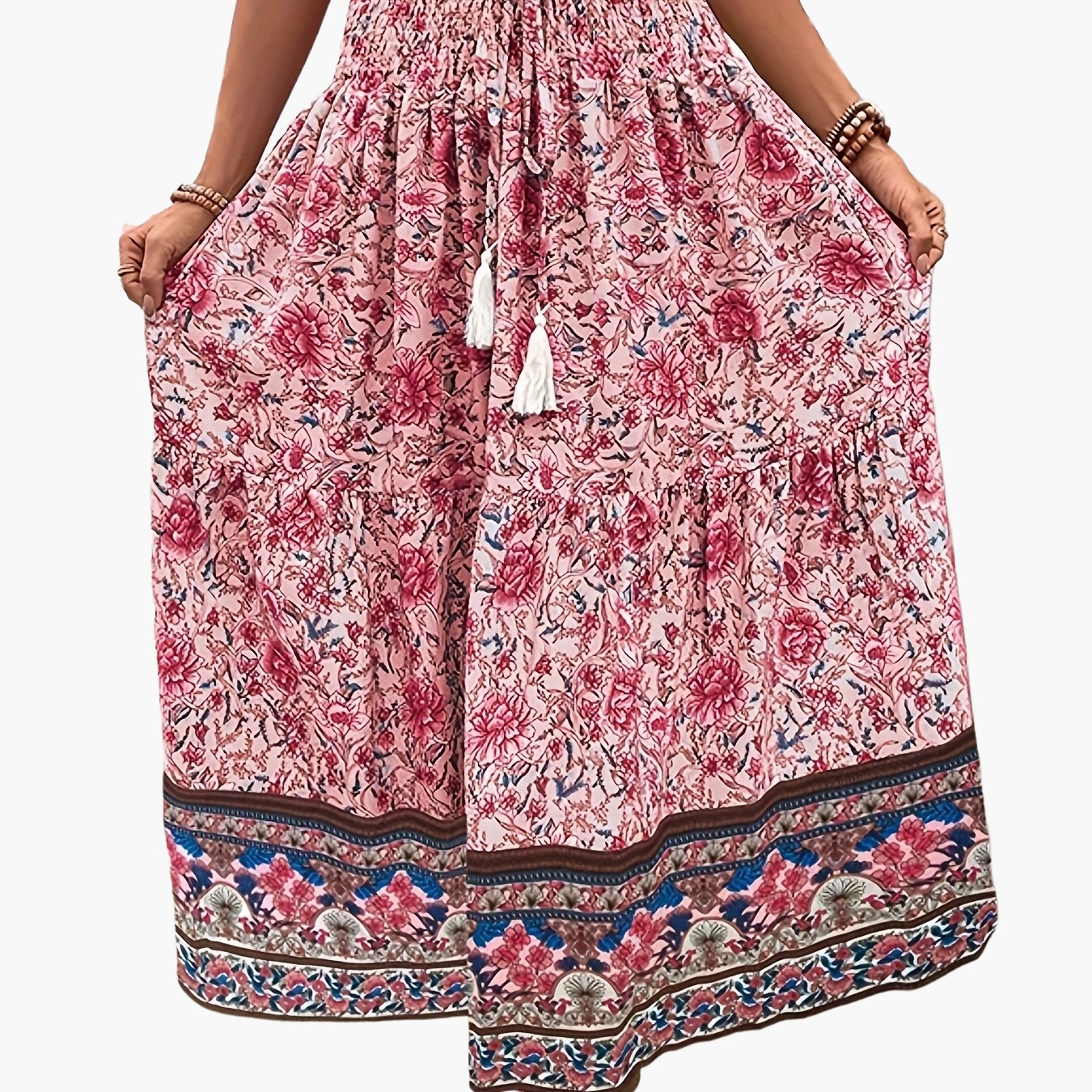Damen Boho Maxirock mit Blumenmuster und Kordelzug – Sommer Freizeitrock für Strand und Alltag