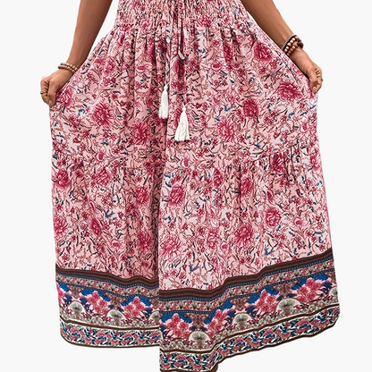 Damen Boho Maxirock mit Blumenmuster und Kordelzug – Sommer Freizeitrock für Strand und Alltag