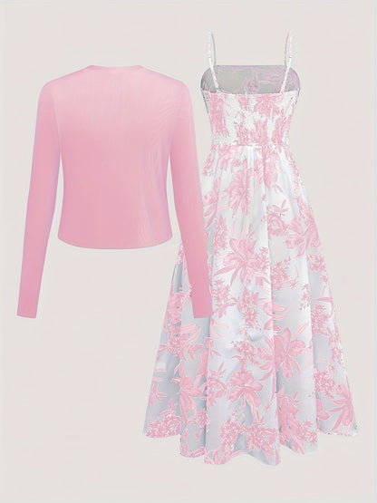 Elegantes Damen Kleid mit Blumenmuster und passendem Cardigan Set
