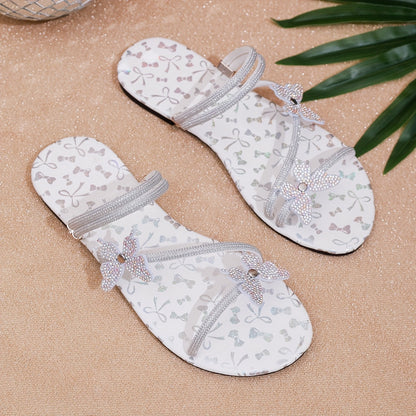 Damen Sandalen mit Schmetterlings-Design und Strass, flach, elegant für Alltag und Events