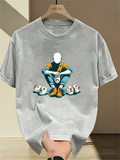 Herren T-Shirt mit künstlerischem Print – Abstrakte Figur und Clownsmasken, Modernes Streetwear Design