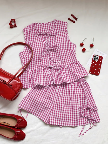 Damen Zweiteiliges Set mit Streifen, Schleifen und Volant – Elegantes Sommer Outfit