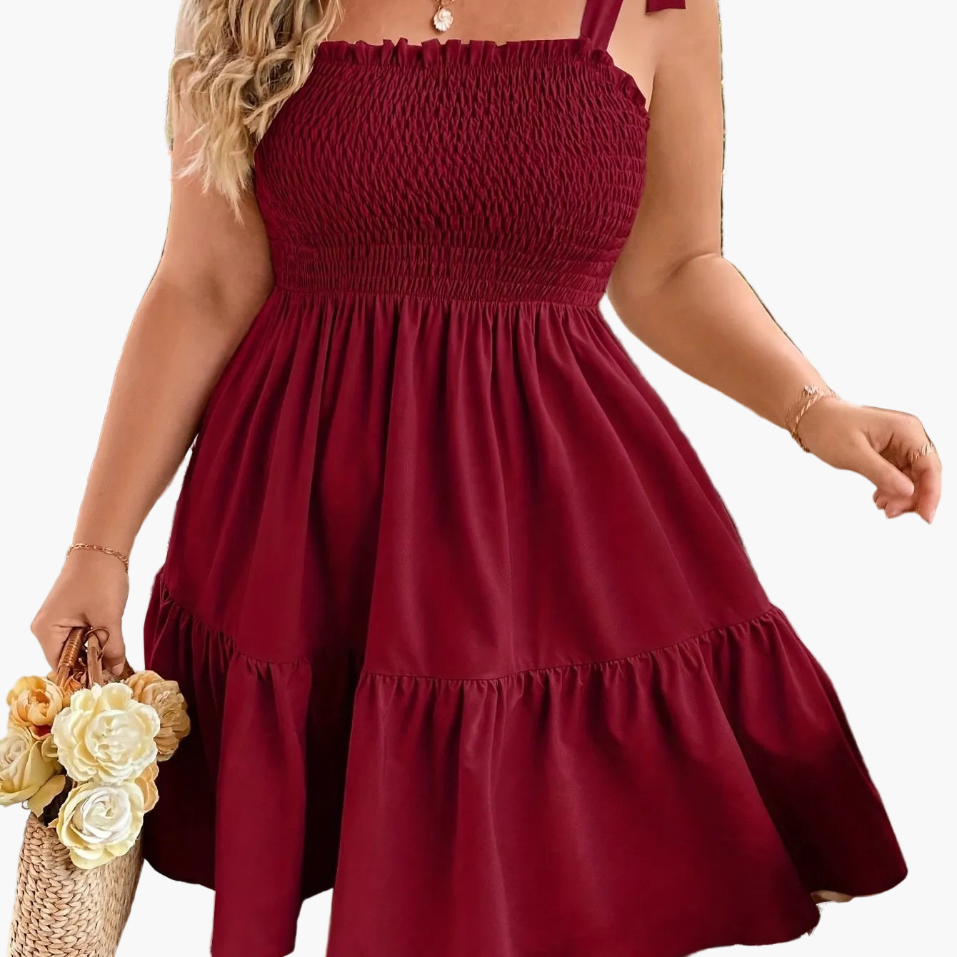 Damen Sommerkleid mit Smok-Oberteil und Schleifen-Trägern – Freizeit & Urlaub, A-Linie