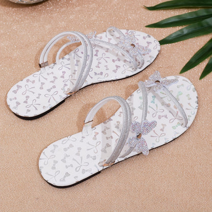 Damen Sandalen mit Schmetterlings-Design und Strass, flach, elegant für Alltag und Events