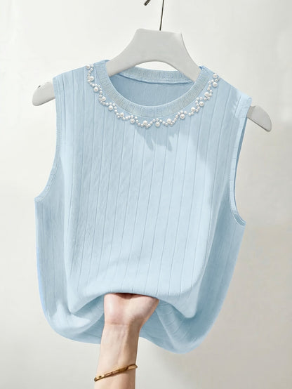 Damen Elegantes Stricktop mit Perlenbesatz, Ärmellos, Perfekt für Alltag und Büro