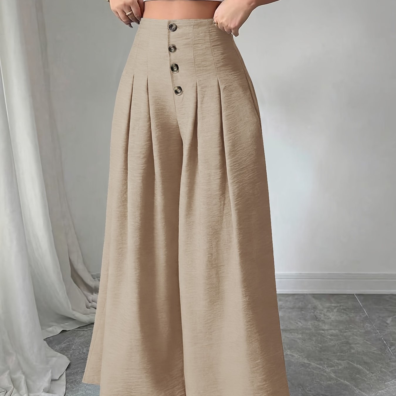 Damen Weite High-Waist-Hose mit Knopfdetails und Eleganten Falten – Modische Business & Freizeit Wide Leg Pants