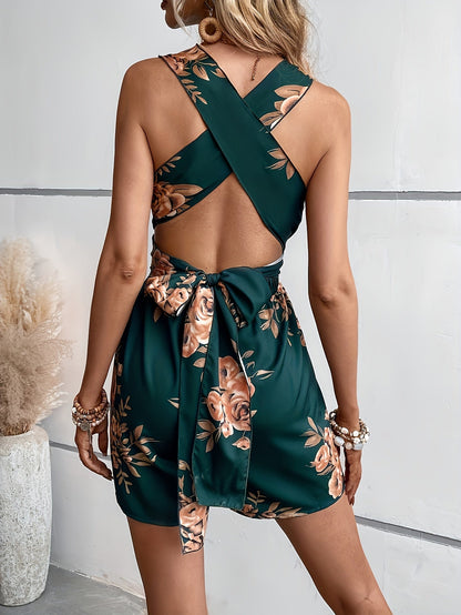 Damen Floral V-Ausschnitt Romper mit Taillengürtel und ausgestellten Shorts