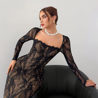 Damen Elegantes Bodycon Abendkleid mit Spitze und Langarm – Perfekt für besondere Anlässe