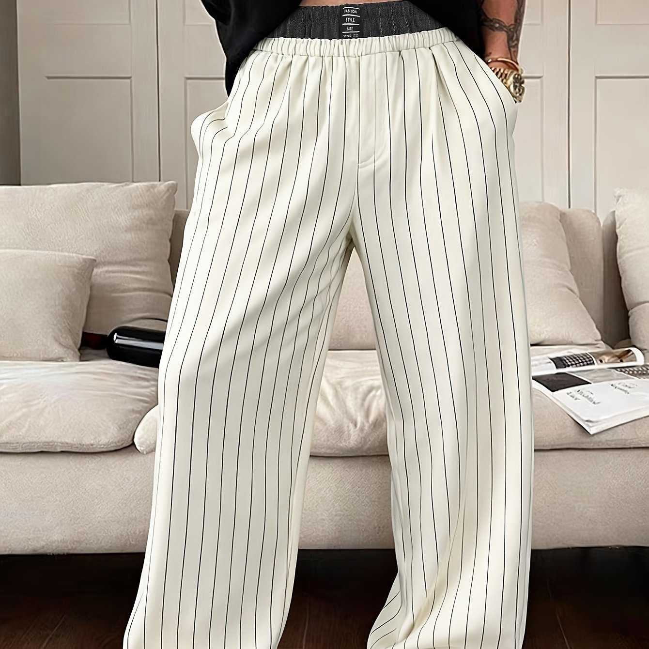 Herren Weite Loungewear Hose mit Nadelstreifen und Elastikbund – Moderner Relaxed Fit für Zuhause und Freizeit