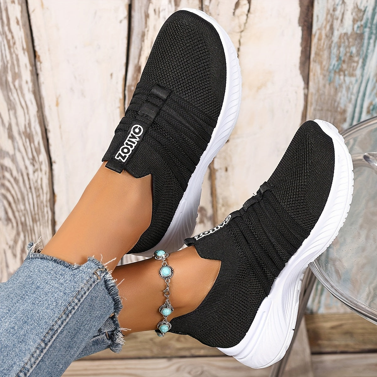 Damen Slip-On Sneakers Freizeit Bequeme Low-Top Schuhe mit Streifen-Design