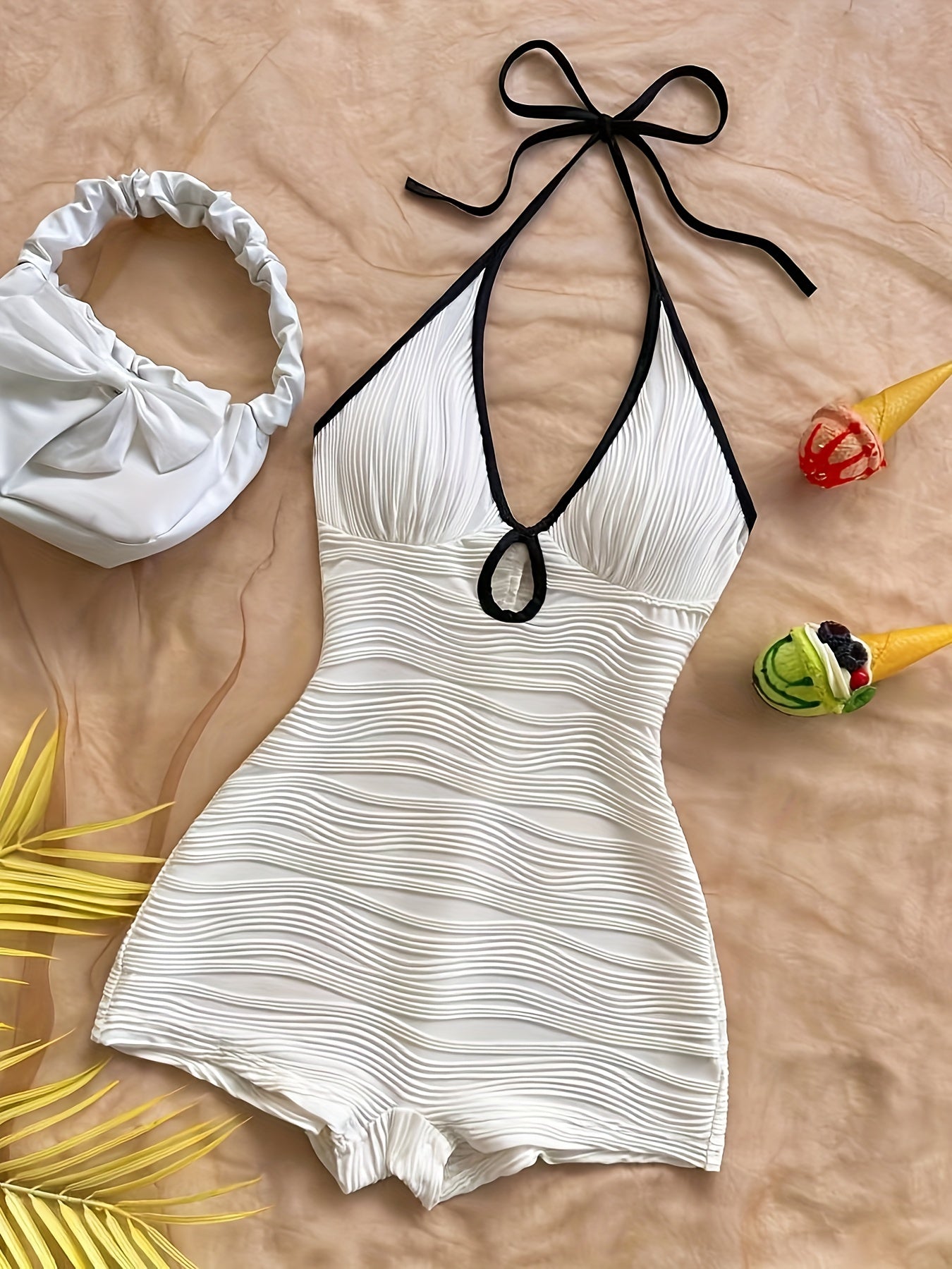 Damen Badeanzug im Vintage-Stil mit Wellendesign und Boyshort-Schnitt – Eleganter Einteiler für Strand und Pool