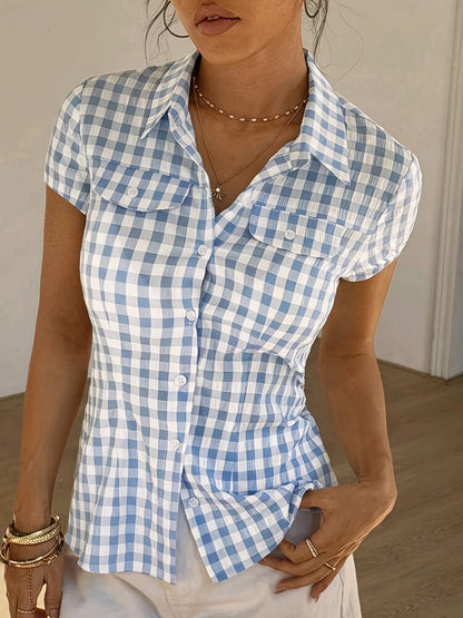 Damen Kurzarm Hemd mit Karomuster – Figurbetontes Freizeit-Bluse für Alltag und Büro