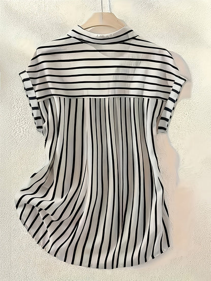 Damen Blusenshirt mit vertikalem Streifenmuster und Knopfleiste – Eleganter Sommer-Look für Büro & Freizeit