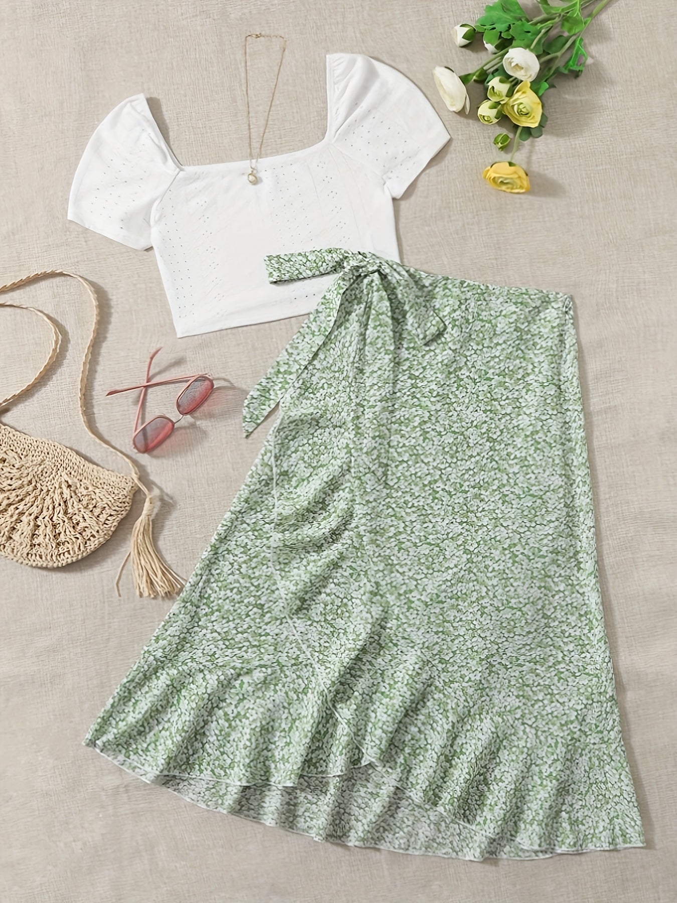 Damen Zweiteiler Set – Romantische Bluse mit Blumen Wickelrock im femininen Stil für Freizeit und Ausflüge