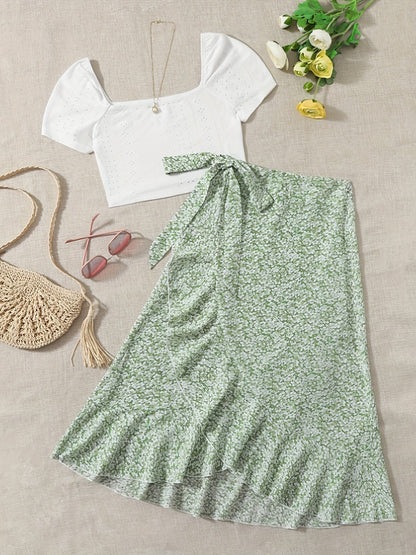 Damen Zweiteiler Set – Romantische Bluse mit Blumen Wickelrock im femininen Stil für Freizeit und Ausflüge