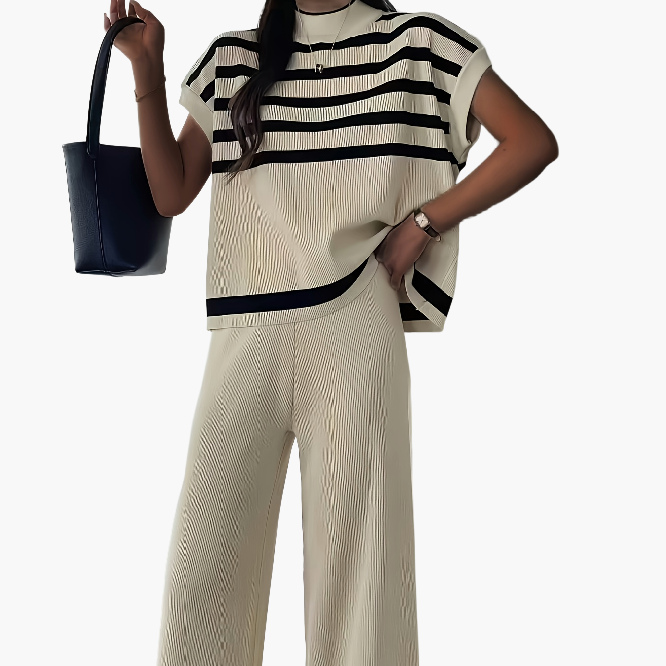 Damen Elegantes Streifen-Set mit Weitbein-Hose und Oversize-Oberteil – Moderner Business- und Freizeit-Look