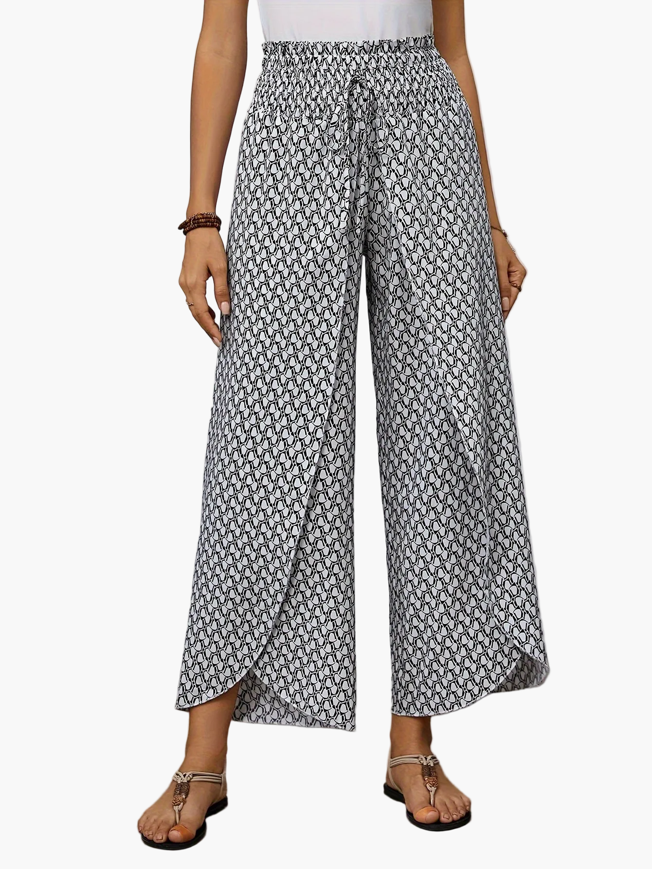 Damen Weite Bein Sommerhose mit Wickeloptik und geometrischem Muster – Elegant & Bequem für Alltag und Urlaub