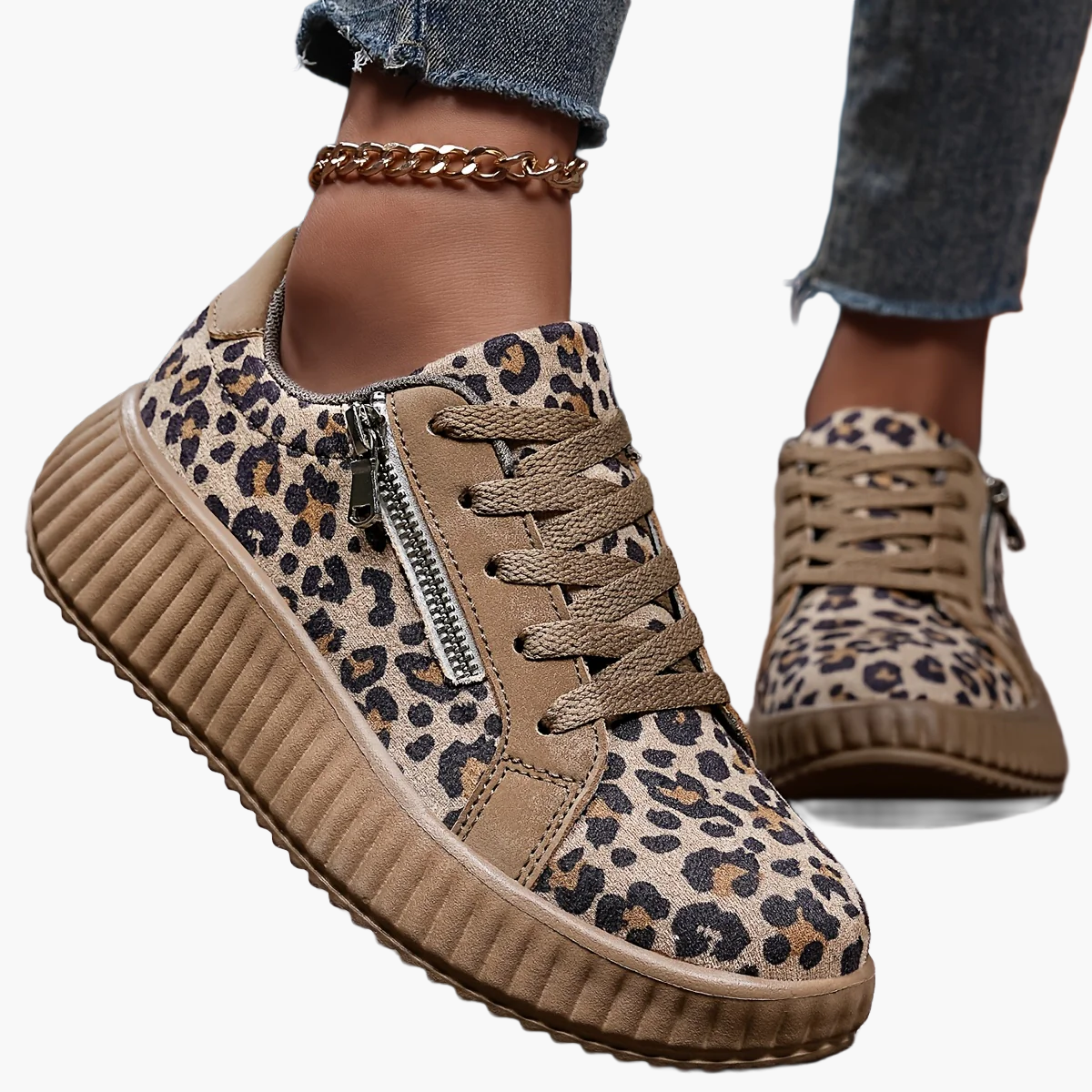 Damen Plateau-Sneaker mit Leopardenmuster und Reißverschluss – Modische Freizeitschuhe für Alltag und Ausgehen