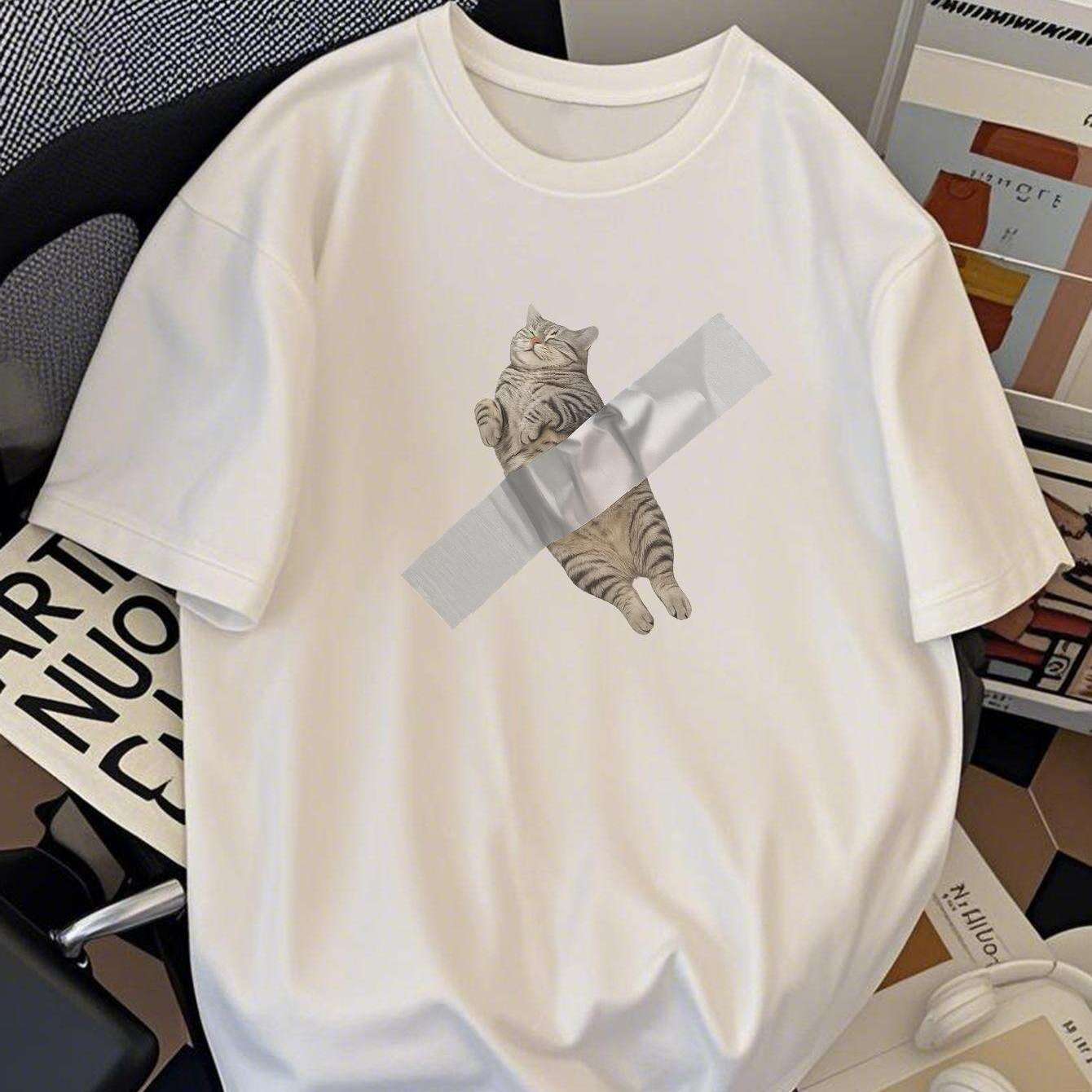 Herren T-Shirt mit lustigem Katzen-Print und Tape-Motiv – Lockeres Streetwear für Alltag & Freizeit