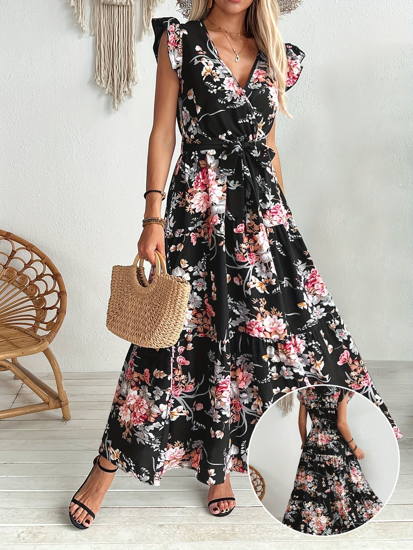 Damen Maxikleid mit Blumenmuster und Gürtel – Elegantes Sommerkleid für Urlaub und Freizeit
